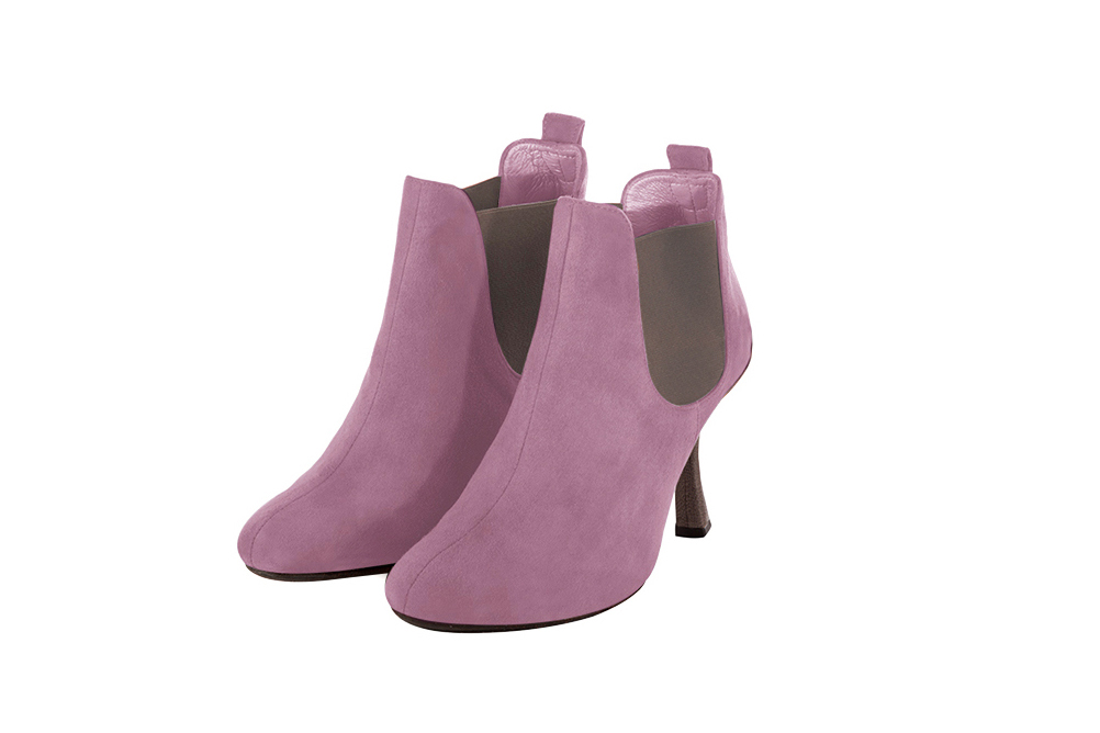 Mauve purple and taupe brown women's ankle boots, with elastics. Round toe. High spool heels. Front view - Florence KOOIJMAN